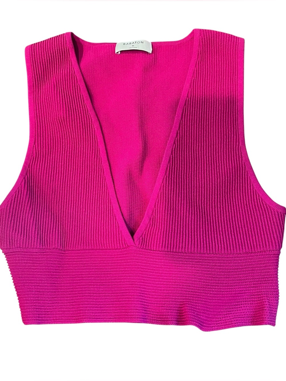 Aritzia Babaton Crop Tank Top Women Medium Pink Ribbed Sculpt Knit V Neck